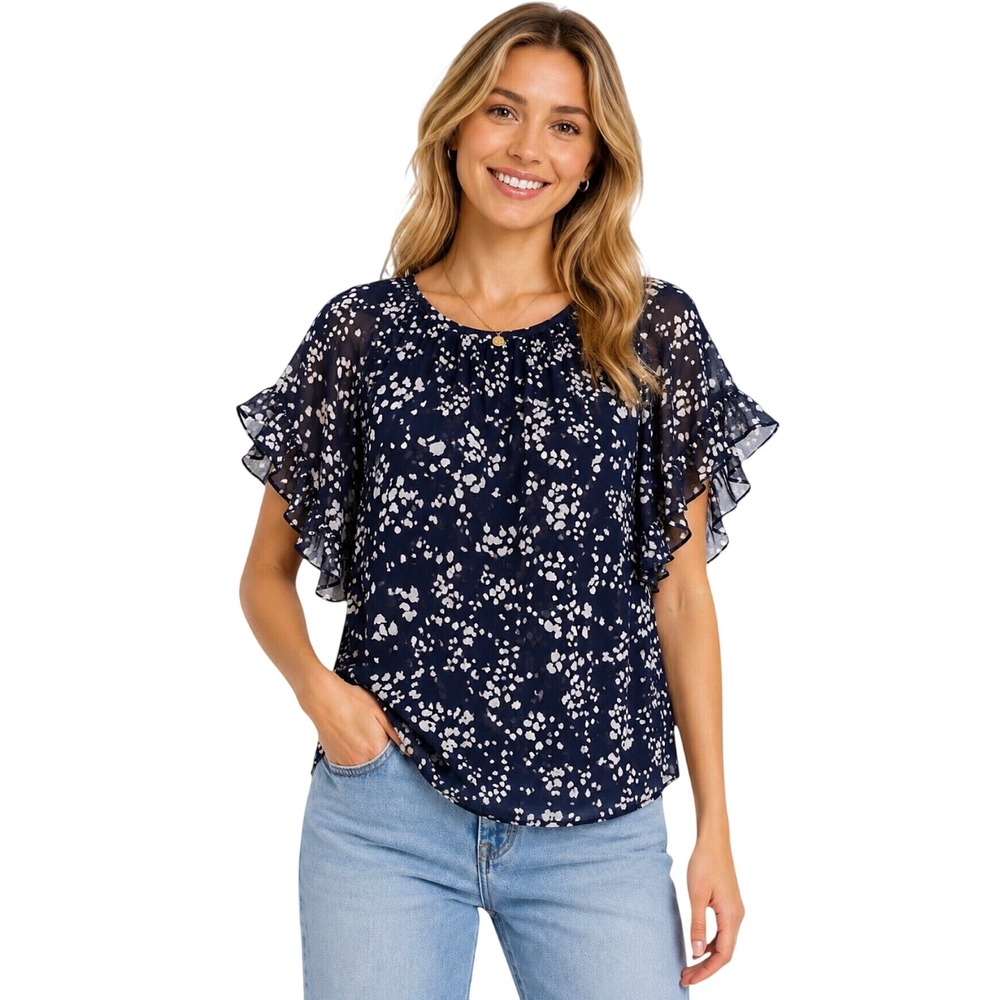 Madewell Navy Blue Abstract Polka Dot Ruffle Sleeve Blouse Top Large